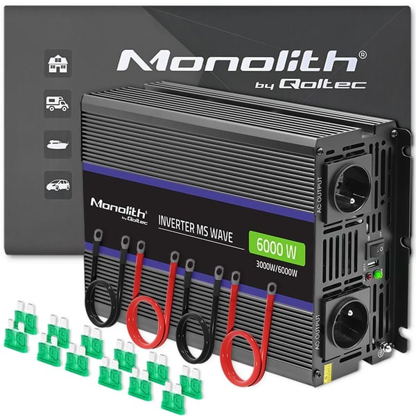 Qoltec Monolith 6000 MS Wave-spänningsomvandlare | 12V till 230V | 3000/6000W | USB