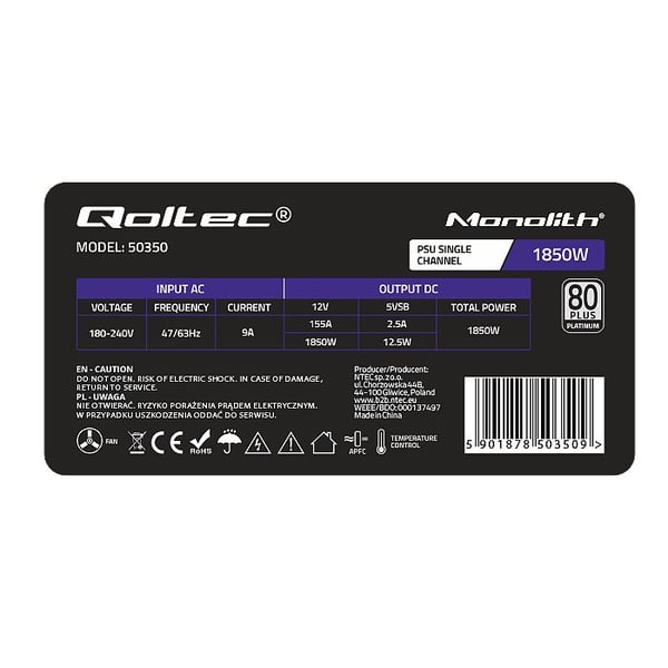 Qoltec 50350 virtalähde 1850W PCI-E| 80 Plus Platinum | Gaming Miner