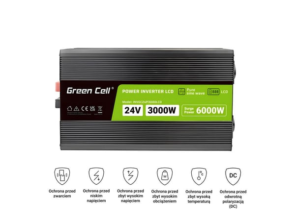 Green Cell PowerInverter LCD 24V 3000W/60000W autoinvertteri näytöllä - puhdas siniaaltovirtalähde/invertteri auto musta