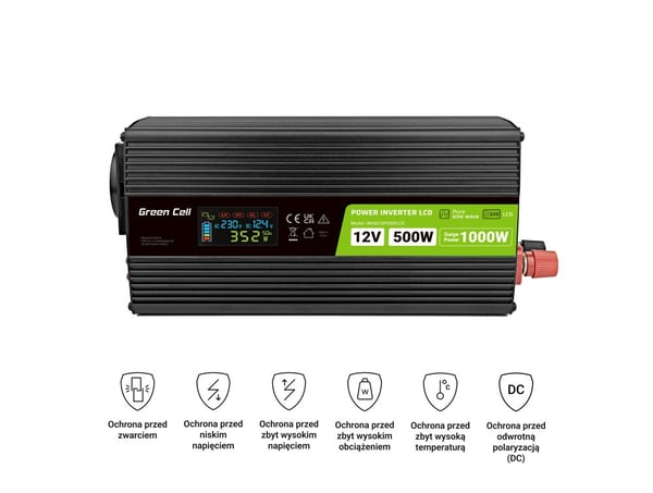 Green Cell PowerInverter LCD 12V 500W/10000W autoinvertteri näytöllä - puhdas siniaalto