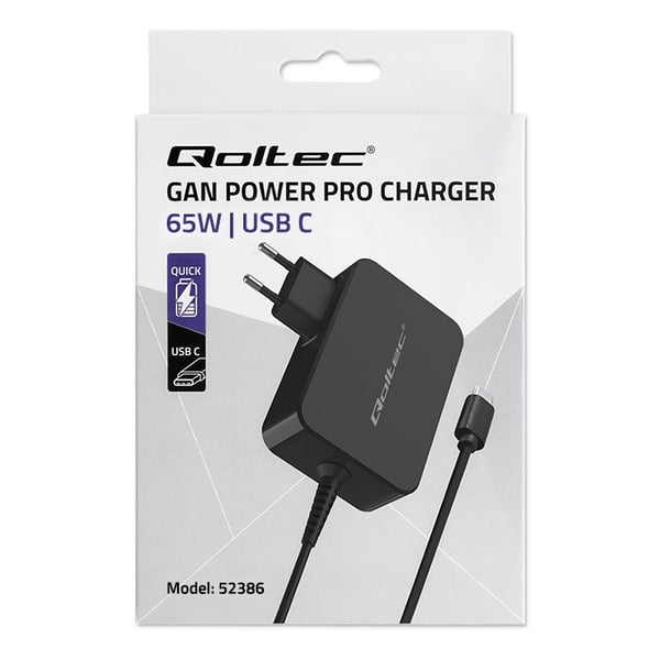 Qoltec 52386 GaN POWER PRO oplader | 1xUSB-C | 65W | 5-20V | 3-3.25A | Sort