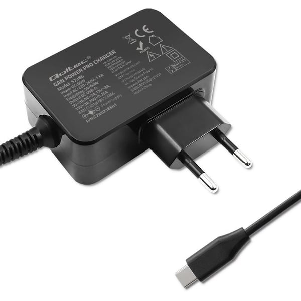Qoltec 52386 GaN POWER PRO oplader | 1xUSB-C | 65W | 5-20V | 3-3.25A | Sort