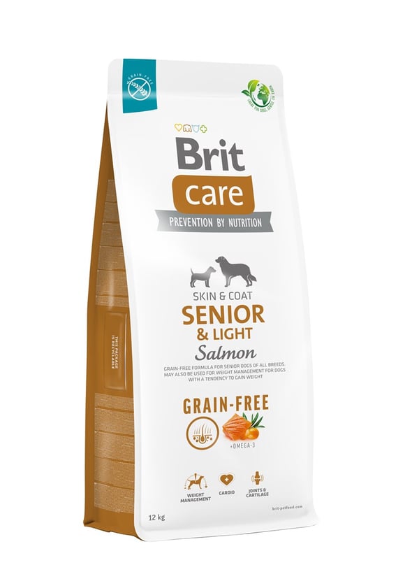 Kuivaruoka vanhemmille koirille, kaikille roduille (yli 7-vuotiaille) Brit Care Dog Grain-Free Senior&Light Salmon 12kg