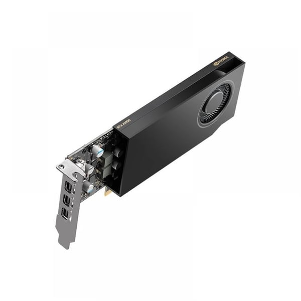 PNY NVIDIA A1000 8 GB GDDR6 128-bitars. Lågprofil. PCIe 4.0 x8. Enkel kortplats. 4 x Mini DisplayPort 1.4a. 50 W. LP-fäste. Liten låda.