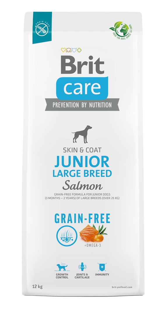 Torrfoder för unga hundar (3 månader - 2 år). stora raser över 25 kg - Brit Care Dog Grain-Free Junior Stor lax 12 kg