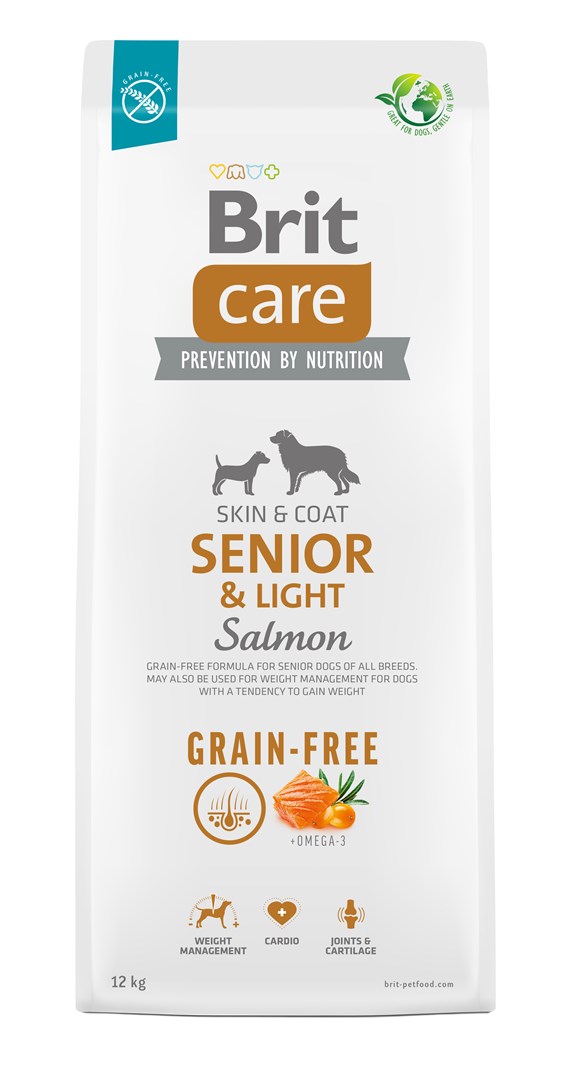 Kuivaruoka vanhemmille koirille, kaikille roduille (yli 7-vuotiaille) Brit Care Dog Grain-Free Senior&Light Salmon 12kg
