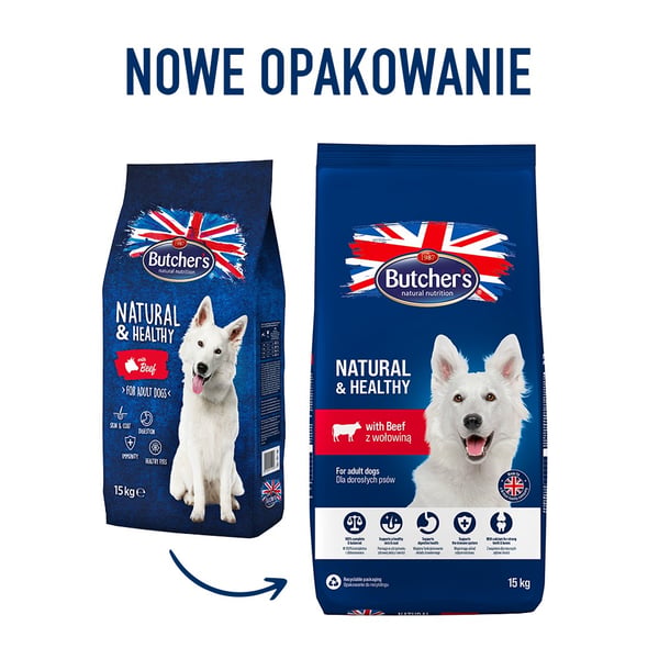 BUTCHER'S Natural&Healthy naudanlihalla - kuiva koiranruoka - 15 kg