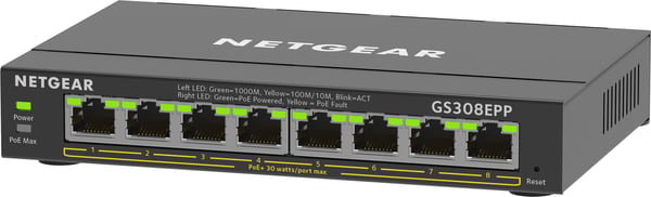 NETGEAR 8-Port Gigabit Ethernet High-Power PoE+ Plus Switch (GS308EPP) Administreret L2/L3 Gigabit Ethernet (10/100/1000) Power over Ethernet (PoE) So