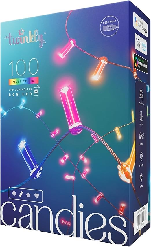 Twinkly Candies – 100 stearinlysformede RGB LED-lys. Grønt kabel. USB-C