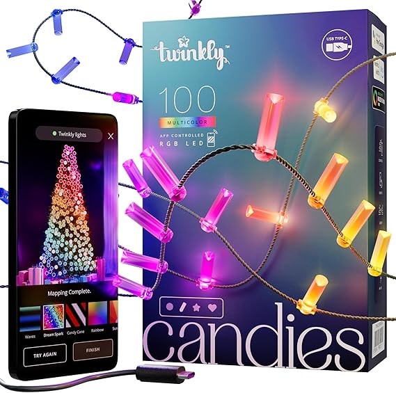 Twinkly Candies – 100 stearinlysformede RGB LED-lys. Grønt kabel. USB-C