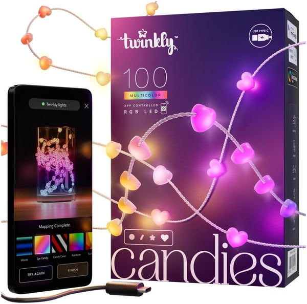 Twinkly Candies – 100 hjärtformade RGB LED-lampor. Genomskinlig kabel. USB-C
