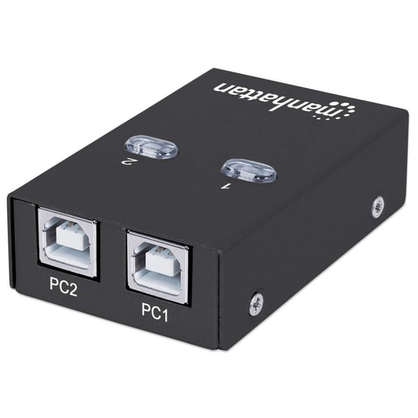 Manhattan USB-A automatisk delningsswitch, 2x USB-B-portar, 480 Mbps (USB 2.0), dubbel kontroll (automatisk avkänning eller manuell), bussdriven, högh