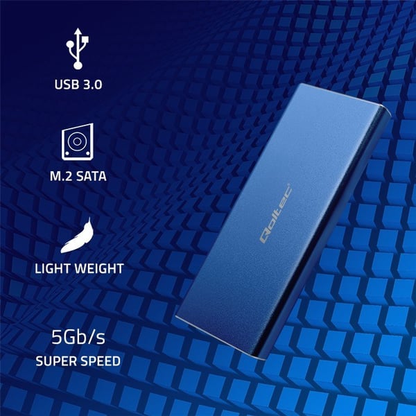Qoltec 51832-kabinett | M.2 SSD-enhet | SATA | NGFF | USB 3.0 | Supersnabb 5 Gb/s | 2 TB | Blå