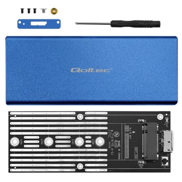 Qoltec 51832-kabinett | M.2 SSD-enhet | SATA | NGFF | USB 3.0 | Supersnabb 5 Gb/s | 2 TB | Blå