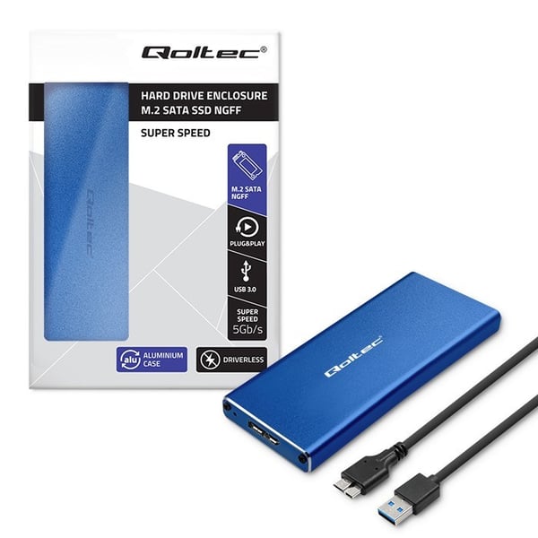 Qoltec 51832-kabinett | M.2 SSD-enhet | SATA | NGFF | USB 3.0 | Supersnabb 5 Gb/s | 2 TB | Blå