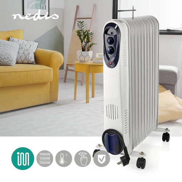 Nedis HTOI30WT11 Mobil olieradiator 1000 / 1500 / 2500 W 11 finner justerbar termostat 3 varmeindstillinger vælteforebyggende hvid