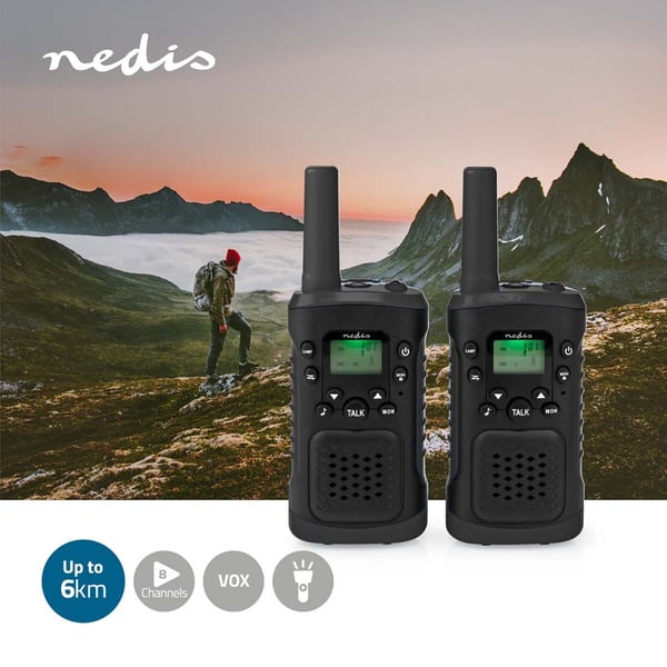 Nedis WLTK0610BK Walkie-talkie-sæt 2 håndsæt Op til 6 km Frekvenskanaler: 8 PTT/VOX Op til 3 timer Hovedtelefonudgang 2 headset Sort