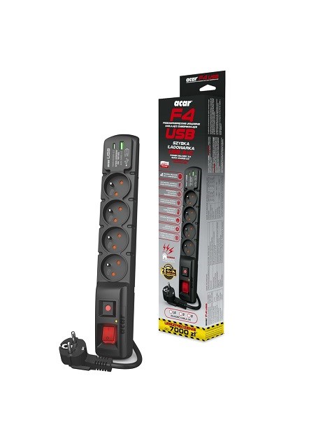 Acar F4 USB A+C overspændingsbeskyttelseskabel (hurtigoplader) 5m; sort