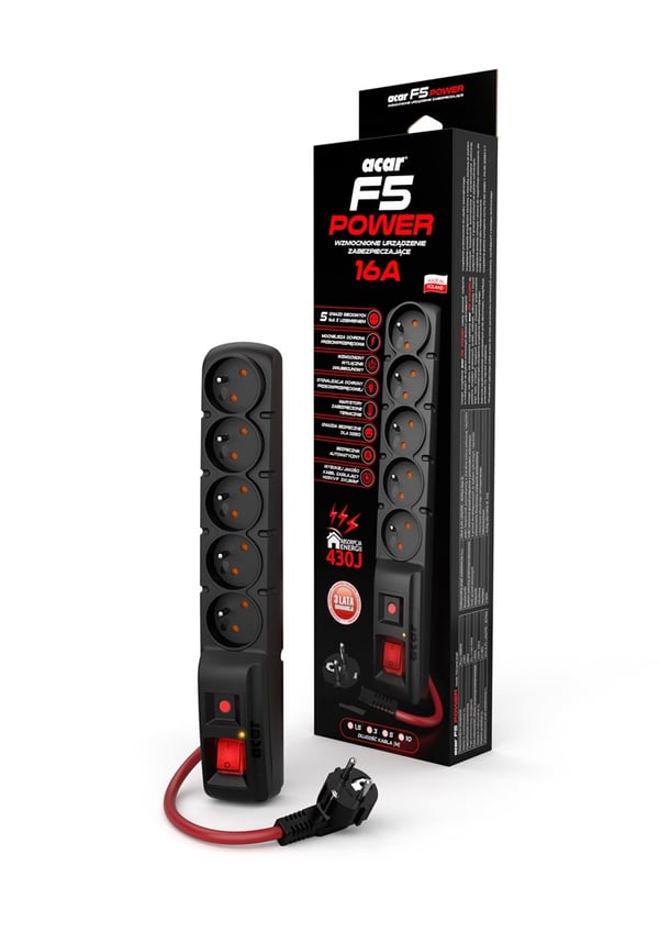Acar F5 Power 16A strømskinne (1,5m; sort)