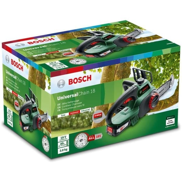 BOSCH akkukäyttöinen moottorisaha - UniversalChain 18 (Toimitetaan 1 x 18 V 2,5 Ah akulla)