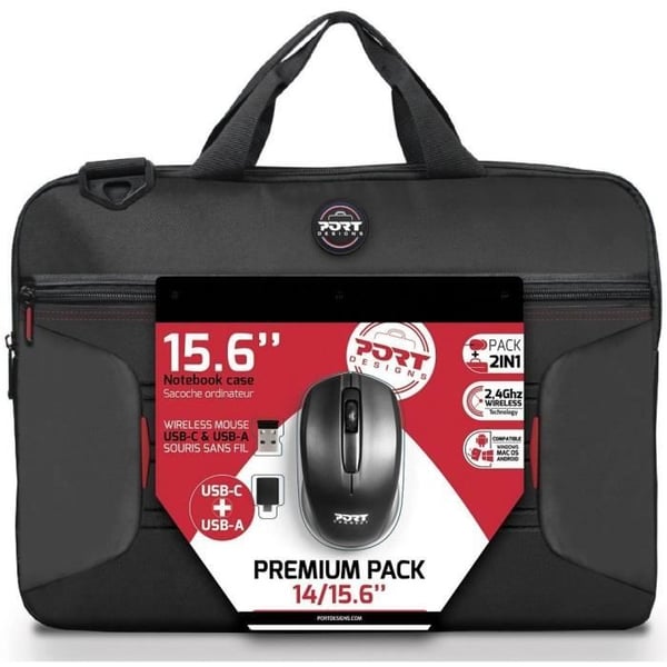 Premium-pakkaus PC-laukku + langaton hiiri + USB-sovitin ja Type-C-sovitin - 15.6 - PORT DESIGNS