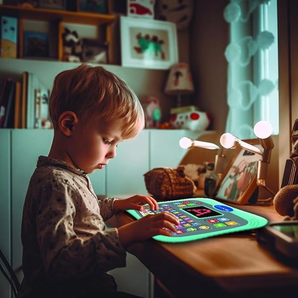 ABC-tvåspråkig talande pedagogisk surfplatta med pekskärmar och LED-skärm för att illustrera interaktioner med spelet på engelska.