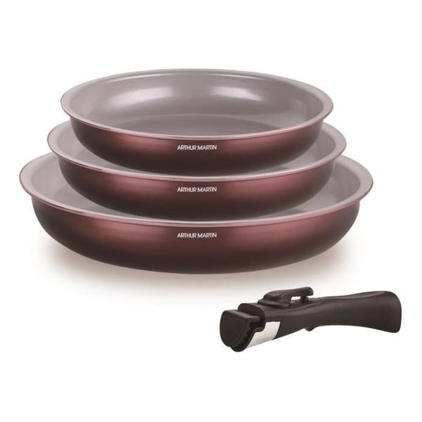 3 paistinpannun setti - ARTHUR MARTIN - AM8866 - Kaikki liesitasot, myös induktio - 20/24/28 cm + 1 kahva - Alumiini - Keraaminen pinnoite