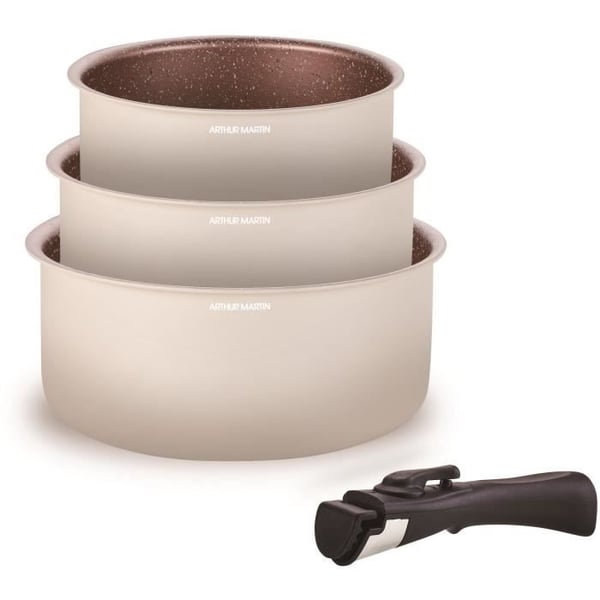 Set med 3 ARTHUR MARTIN kastruller - AM2655 - 16-18-20 cm + 1 avtagbart handtag - Alla spishällar inklusive induktion Set med 3 ARTHUR MARTIN kastruller - AM2655 - 16-18-20 cm + 1 avtagbart handtag - Alla spishällar inklusive induktion