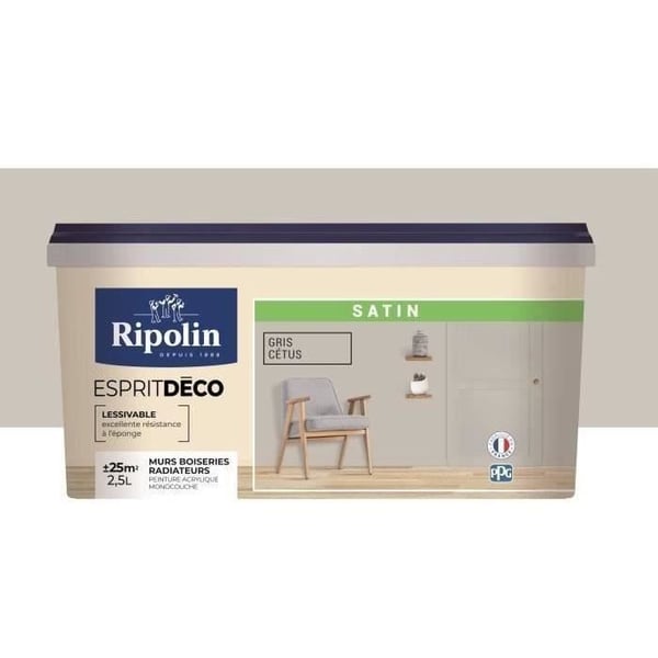 RIPOLIN Ultratäckande Satinfärg för Kök. Sovrum. Vardagsrum. Hall. Entré. Hall - Cetusgrå