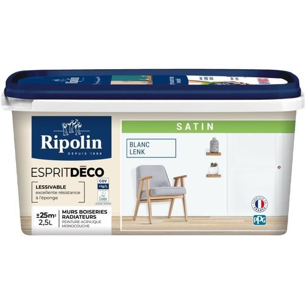 Multibärande dekorativ spritfärg - RIPOLIN - 446523 - Lenkvit - Satin - 2,5 L