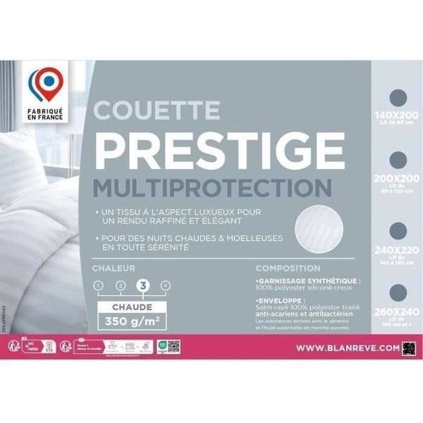 Varm dyne 220x240 cm BLANREVE PRESTIGE Multibeskyttelse - 100% Polyester - 2 Personer - Stribet satin