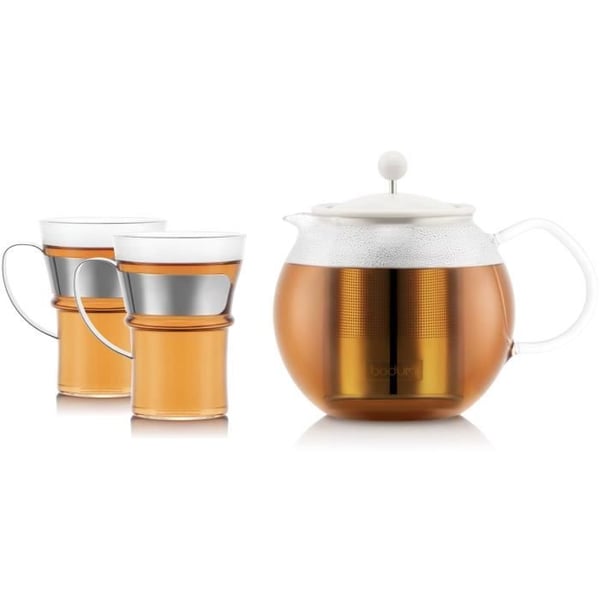 Tekanna med tryck - BODUM - ASSAM SET - 1,0 l med filter i rostfritt stål, plastlock + 2 glaskoppar med handtag i rostfritt stål 0,35 l