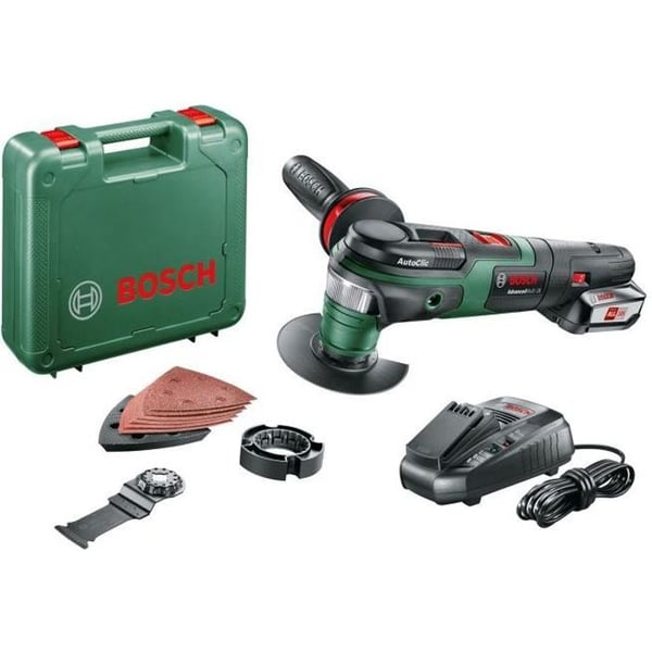 Bosch batteridrevet multiværktøj - AdvancedMulti 18 med tilbehørssæt (Leveres med 1 x 18V - 2,5Ah batteri + oplader)
