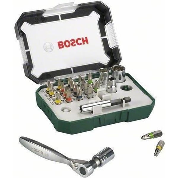 Bosch skruetrækkerbitsæt (sæt med 26 dele. Skruetrækkerbitsortiment med skralde)