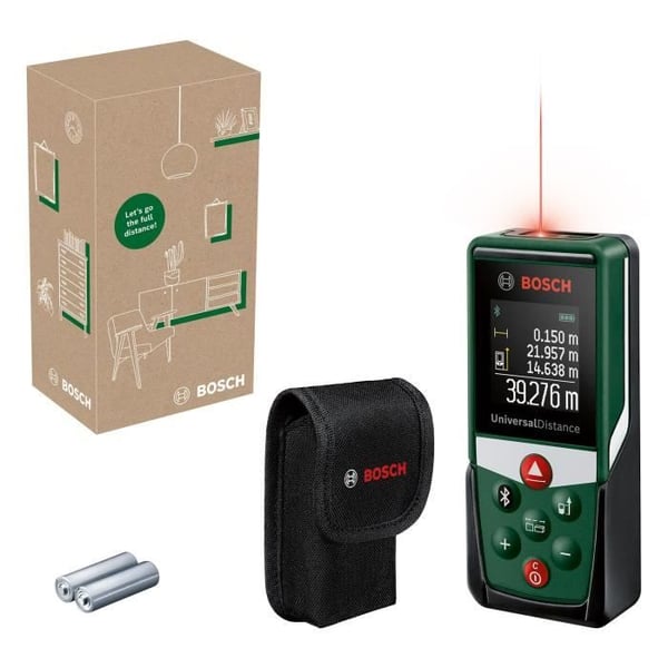 Bosch UniversalDistance 40 C -laseretäisyysmittari (tarkka etäisyyksien mittaus jopa 40 metriin asti). Bluetooth-yhteys. Toiminnot