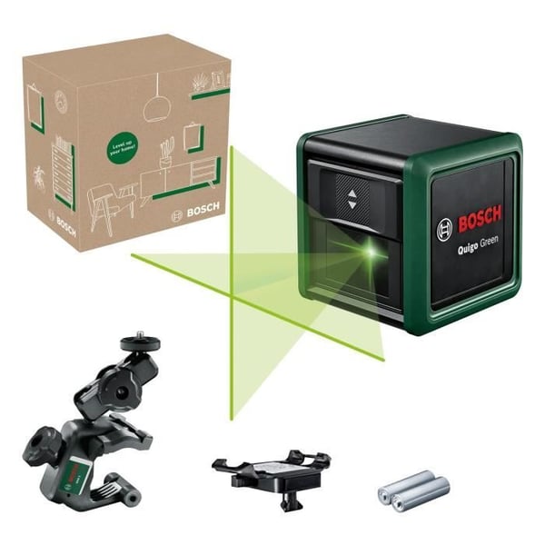 Bosch Quigo grön linjelaser (Levereras med 2 batterier. 1 MM2 universalklämma och 1 monteringsadapter)