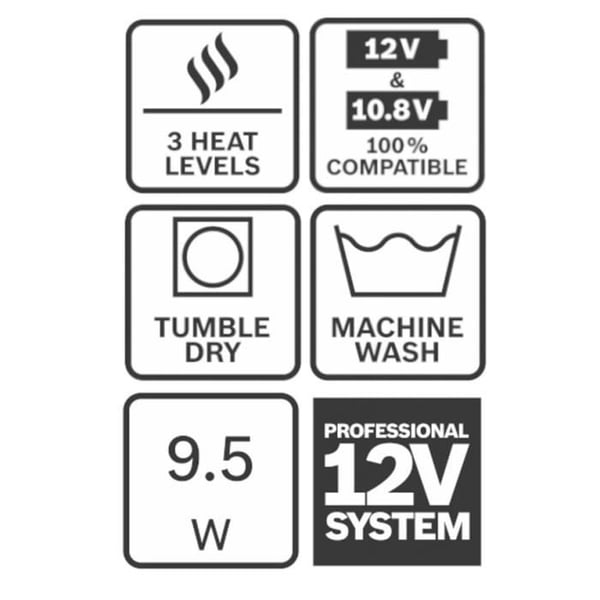 Bosch Professional GHH 12+18V XA Varmejakke + GAA 12V-21 + GBA 12V 2,0Ah Batteri + GAL 12V-20 Oplader Størrelse L - 06188000GD
