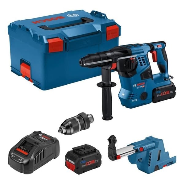 Bosch Professional GBH 18V-28CF 3,3J slagborrmaskin med GDE 18V-16 suganordning. 2 ProCore 8,0Ah batterier. Laddare. Box 0611921003