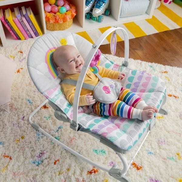 BRIGHT STARTS Regnbågsbabysäng. Rosa. Lugnande vibrationer. 2 lutningslägen. Upp till 30 månader