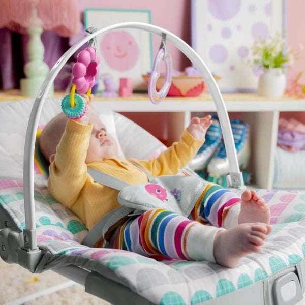 BRIGHT STARTS Regnbågsbabysäng. Rosa. Lugnande vibrationer. 2 lutningslägen. Upp till 30 månader