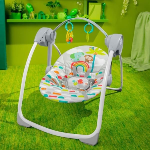 BRIGHT STARTS Kompakt elektrisk babygynge – Dyr. 6 gyngehastigheder. 10 sange. 2 lænepositioner.