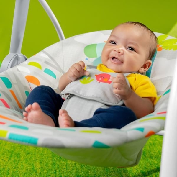 BRIGHT STARTS Kompakt elektrisk babygynge – Dyr. 6 gyngehastigheder. 10 sange. 2 lænepositioner.