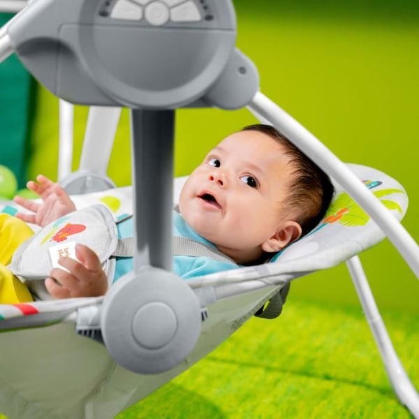 BRIGHT STARTS Kompakt elektrisk babygynge – Dyr. 6 gyngehastigheder. 10 sange. 2 lænepositioner.