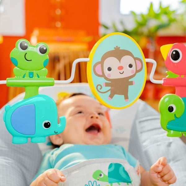 BRIGHT STARTS Babysitterdjur. Lugnande vibrationer. Aktivitetsbåge med interaktiva leksaker