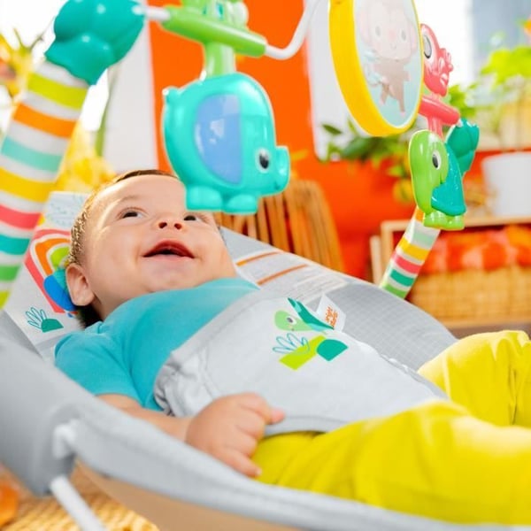 BRIGHT STARTS Babysitterdjur. Lugnande vibrationer. Aktivitetsbåge med interaktiva leksaker