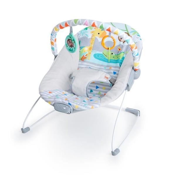 BRIGHT STARS Babysitter - Safari - Båge med avtagbara utvecklingsleksaker inklusive babyspegel. 3-punktssele. Lugnande vibrationer.