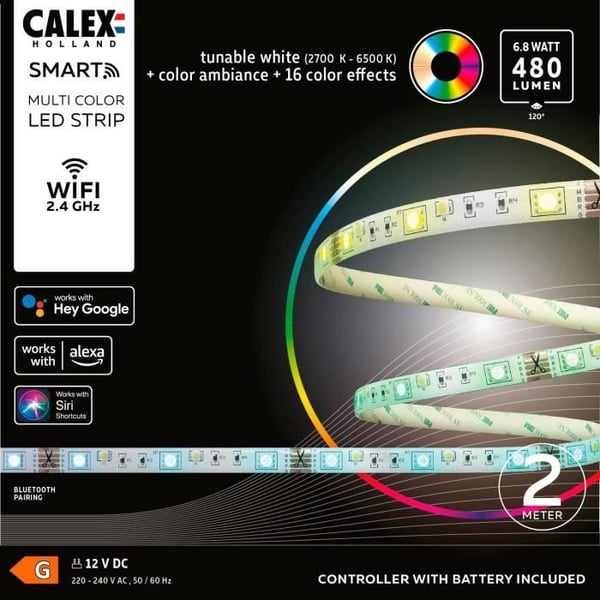 CALEX - Smart LED-stribe 2M 6,8W 480lm RGBCCT 2700-6500K + Fjernbetjening
