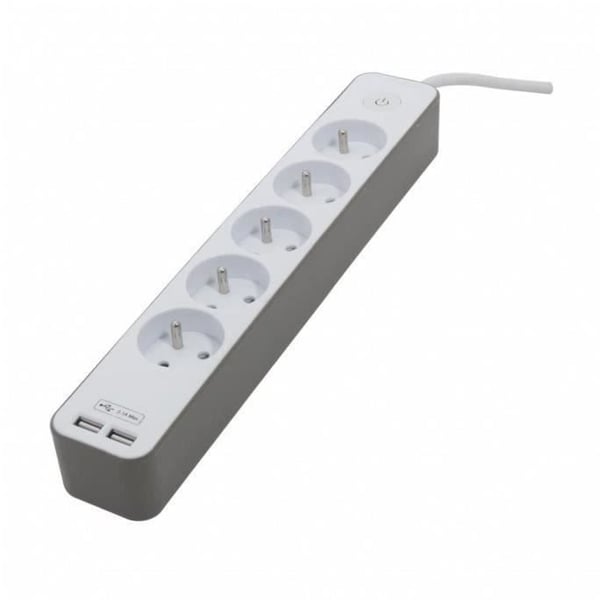 CHACON 5-stikdåse 16A strømskinne med 2 USB-porte og 1,5 m kabel HO5VV-F 3x1,5 mm² hvid og brun