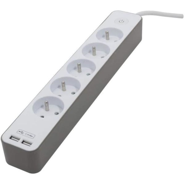 CHACON 5-stikdåse 16A strømskinne med 2 USB-porte og 1,5 m kabel HO5VV-F 3x1,5 mm² hvid og brun