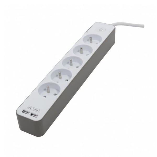 CHACON 5-stikdåse 16A strømskinne med 2 USB-porte og 1,5 m kabel HO5VV-F 3x1,5 mm² hvid og brun